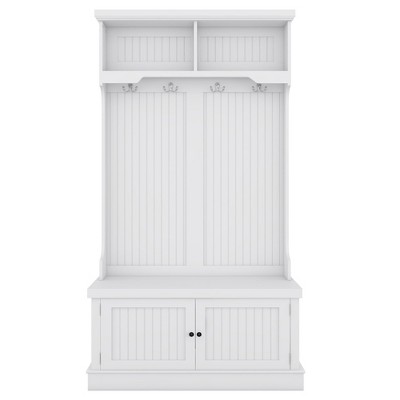 GustoWave 64.4''H Hall Tree Entryway Organizer with Storage Shoe Bench, Multi-Functional Coat Racks with 4 Hooks for Living Room, White