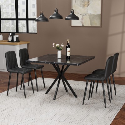 KTMBDW Square Dining Table Set, Modern Square Dining Table with 4 Black Chair, Faux Marble Tabletop and Iron Legs, Coffee Table for Dining Room