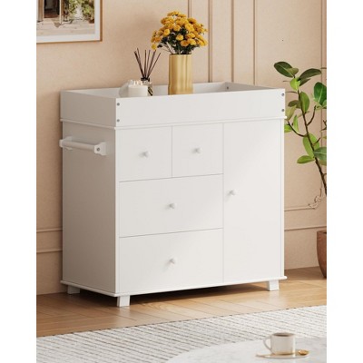 GustoWave Changing Table Dresser,Nursery Baby Dresser with 3 Drawers and a Cabinet,Modern Diaper Changing Station with Pad, Storage Crib for Bedroom