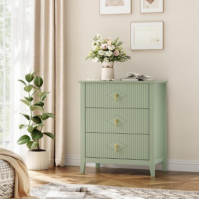 3 Drawer Dresser for Bedroom, 27.5"W Wooden Chest of Drawers with Metal Handles, Fluted Clothes Storage Organizer, Dresser Narrow Nightstand