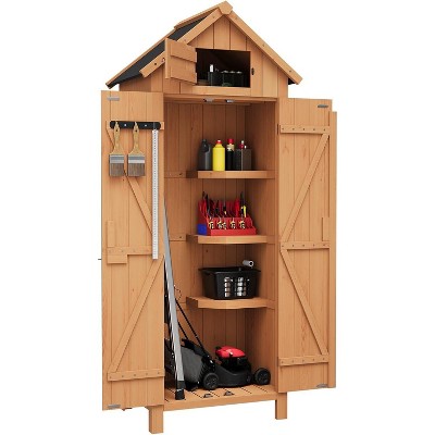 Acekool 63" Outdoor Wooden Storage Shed, Waterproof Vertical Garden Cabinet, 3 Shelves, Lockable Doors, Space-Saving Tool Organizer for Patio Yard