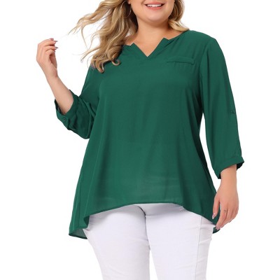 Agnes Orinda Women's Plus Size Sheer 3/4 Sleeve Flowy Split V Neck Blouses