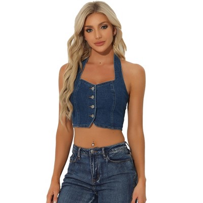 Allegra K Women's Sleeveless Button Front Halter Denim Crop Tank Top