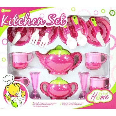 AZ  Import Deluxe Pink Tea Set For Kids With Tea Pots, Cups, Dishes And Kitchen Utensils (18 pcs)