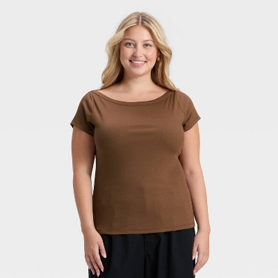 Women's Boat Neck Ribbed T-Shirt - A New Day™ Brown