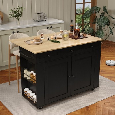 Rolling Kitchen Island Cart With 3 Drawers,Kitchen Storage Cabinet On Wheels With Power Outlet & Drop Leaf,Spice Rack,Mobile Island Table For Kitchen