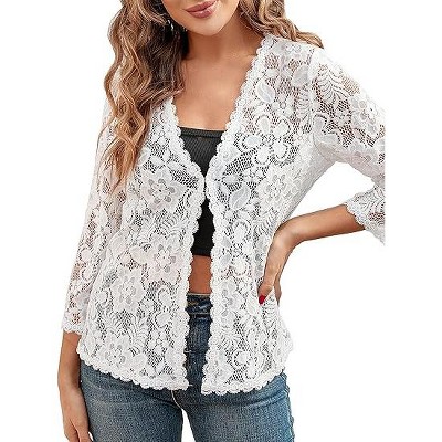 Womens Lace Cardigan Three Quarter Sleeve Open Front Casual Cardigan Tops