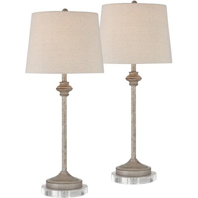 360 Lighting Lynn Country Cottage Buffet Table Lamps Set of 2 with Round Risers 27 3/4" Tall Beige Wood Oatmeal Drum Shade for Bedroom Living Room