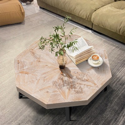 Damerin Vintage Wooden 30 Inch Octagonal Center Coffee Table with Cross Metal Legs-Natural
