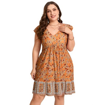 Plus Size Women's Flutter Sleeve High Waist Peplum Babydoll Knee Length Dress