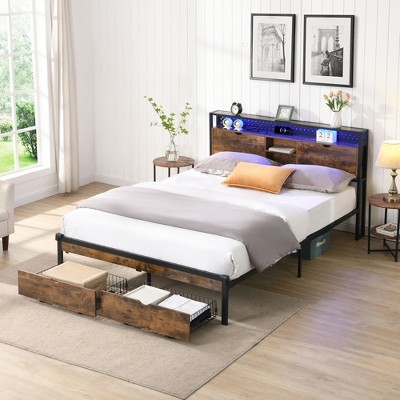 King Size Metal Platform Bed with Wooden Headboard and 2 Drawers