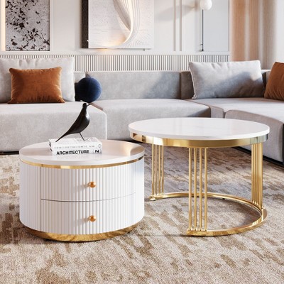 Sapphtopaz Modern Nesting Coffee Table Round Coffee Bar with 2 Drawers Nesting Tables, Coffee Tables for Living Room, Bedroom