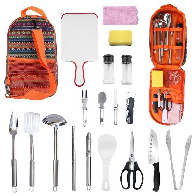 LakeForest"19-Piece Camping Cooking Utensil Kit with Portable Cookware, BBQ Tools & Storage Bag for Outdoors"Orange