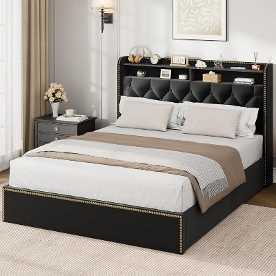 Bed Frame with 4 Storage Drawers, Platform Bed with Tufted Headboard and Nailhead Trim Design