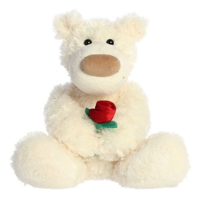 Aurora Medium Honey Bear with Rose Valentine Heartwarming Stuffed Animal White 9.5"