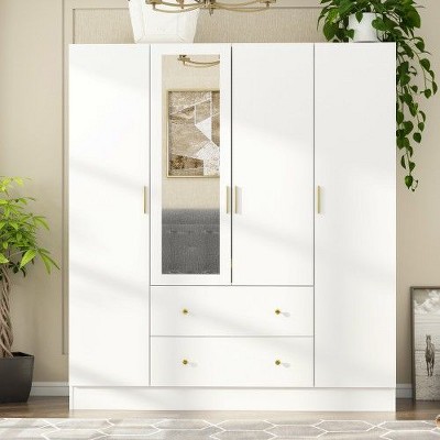 FUFU&GAGA Wardrobe Armoire Wooden Closet with Mirror 4 Doors 2 Drawers