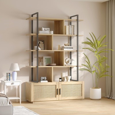 5 Tier Rattan Bookshelf, 71.1" Open Bookcase with Cabinet, Freestanding Display Rack with Metal Frame, Open Storage Rack for Bedroom