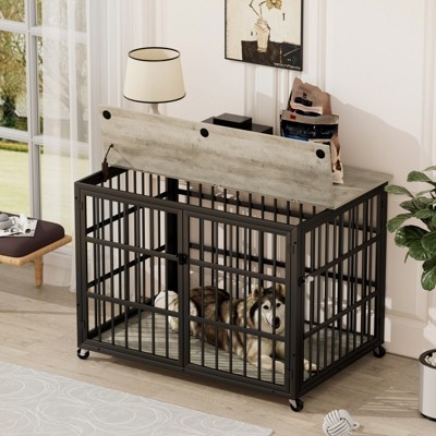 DSVIMOY Dog Crate with Side Opening Door and Wheels for Indoor, Grey, 43.3"*29.9"*33.5"