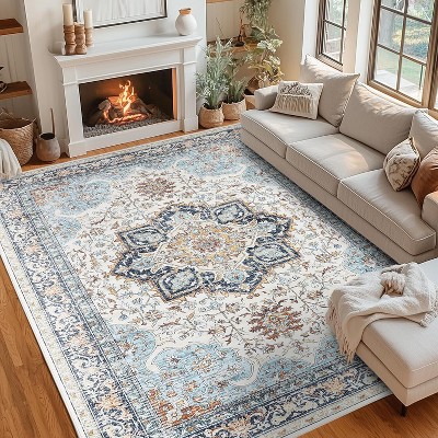coucheta Boho Washable Area Rug for Living Room, Multi-size Washable Vintage Floral Low Pile Carpet with Non-Slip Backing, for Bedroom, Dining Room