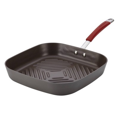 Rachael Ray 11" Hard-Anodized Nonstick Deep Square Grill Pan - Gray with Cranberry Red Handle: Griddle Pan, Rust-Resistant