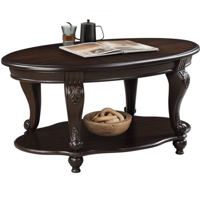 42in oval wood coffee table for Living Room, 2-Tier Solid Wood Cocktail Table with Open Storage Shelf, Easy Assembly, Espresso