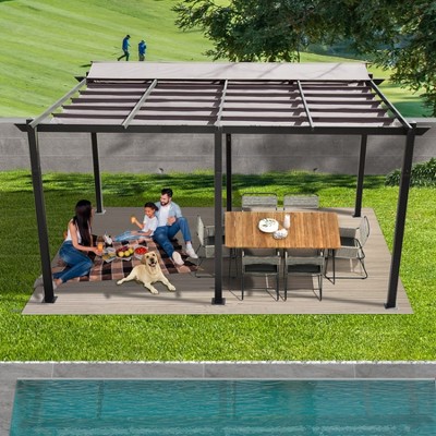 DOMETOUR 11 x 16 FT Outdoor Retractable Aluminum Pergola with Weather-Resistant Canopy, Patio Grill Gazebo for Courtyard, Dark Gray