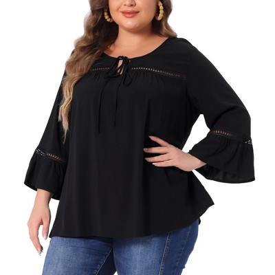 Women's Plus Size Holiday 3/4 Flare Sleeve Peasant Keyhole Tie Boho Blouse - Agnes Orinda
