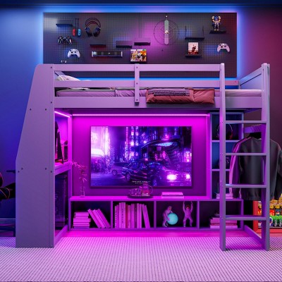 Whisen Wood Twin Size Gaming Loft Bed with Desk, Multi-storage Shelves, LED and a Hanging Clothes Rack