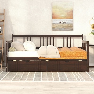 NicBex Twin/Full Modern Bed Frame Sofa Bed with Bedside Fence & Drawers/Trundle,Wooden Daybed Platform Bed for Bedroom,Study,Kids Room