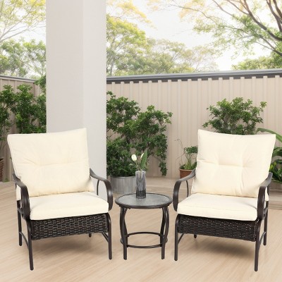 3 Piece Outdoor Wicker Garden Patio Furniture Sets,2 Metal Rattan Arm Chair and Coffee Table Set,Patio Conversation Set with Cushions-Coolbibila