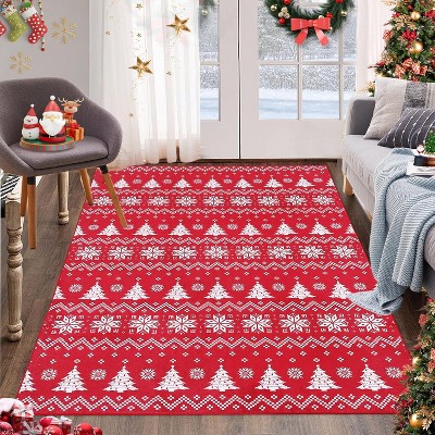 Boho Area Rug Christmas Tree Pattern Anti-Slip Rubber Backing Rug Non-Shedding Large Rugs Living Room Bedroom Dining,5' x 7',Red/White