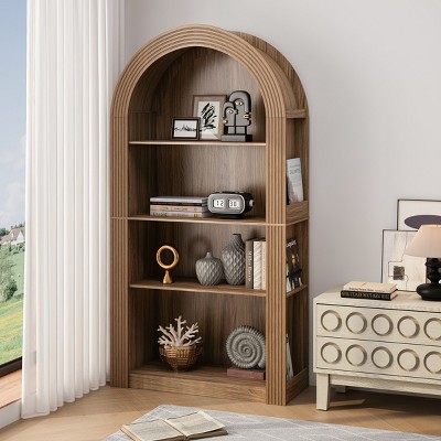 Modern Wood Arched Bookcase with 4 Open Shelves,MDF Bookshelf with Woodgrain Finish,Tall Open Display Storage Bookcase for Living Room - Koiai