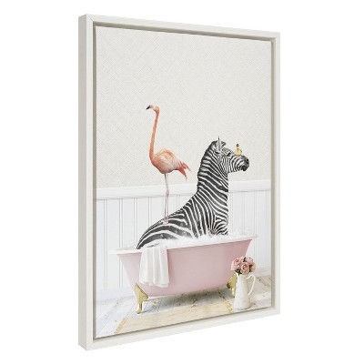 Kate and Laurel Sylvie Zebra and Flamingo in Cottage Rose Bath Framed Canvas by Amy Peterson Art Studio, 18x24, White