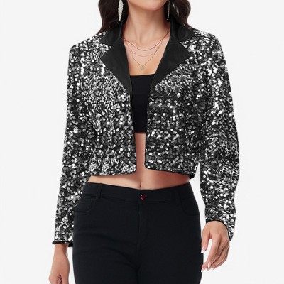 Anna-Kaci Women's Sequin Cropped Blazer Long Sleeve Sparkly Open Front Jacket