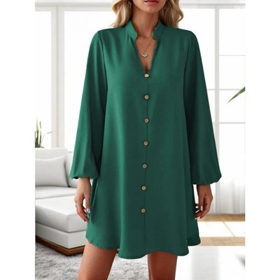 Womens V Neck Lantern Long Sleeve Midi Dress Fake Button Loose Casual Fall Dress
