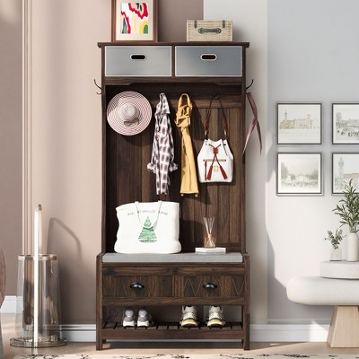 CAVINAS Hall Tree with Bench and Shoe Rack Modern Coat Rack with Top Cabinets and 6 Hooks for Foyer, Living