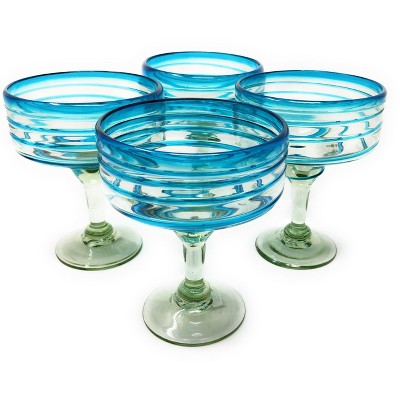 Dos Sueños Mexican Hand Blown  Margarita Glasses - Aqua Spiral - 16oz - Set of 4