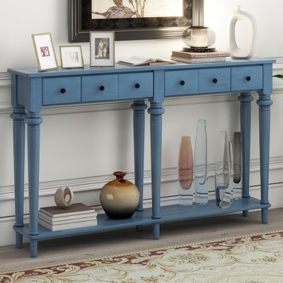 Console Table with 4 Drawers and Open Shelf, Solid Wood Frame with Pine Veneer, Narrow Sofa Table for Hallway, Living Room, and Entrance