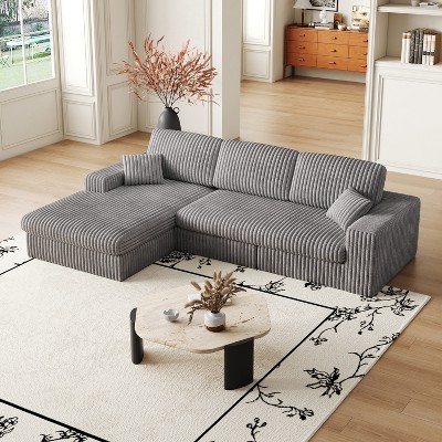 114.5'' Modular Corduroy L-Shaped Sofa with Recliner, 2-in-1 Convertible Floor Couch with Foam Cushions and Neck Support Pillows for Living Room