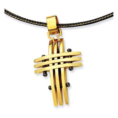 Black Bow Jewelry Gold Tone & Black Plated Stainless Steel Grid Cross Necklace - 16 Inch