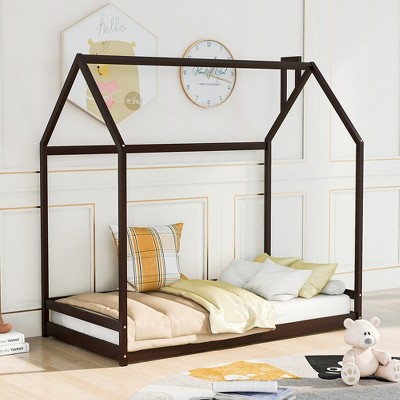 Twin Size/Full Size Platform Bed, Wooden Floor Bed, House-Shaped Bed Frame with Roof for Teens Boys Girls Bedroom Furniture (Slats Not Included)