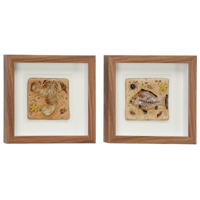 (Set of 2) 12" x 12" Coastal Style Seahorse and Fish Fossil Shadow Box Wall Decor in Square Wood Frames - Olivia & May: Nautical 3D Art