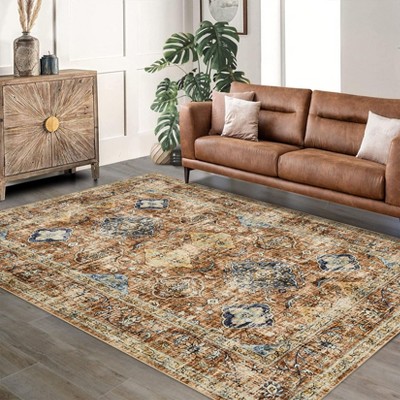 Coolmee Area Rugs for Living Room, Washable Non Slip Vintage Boho Rugs, Low Pile Distressed Medallion Print Rug for Bedroom Dining Room
