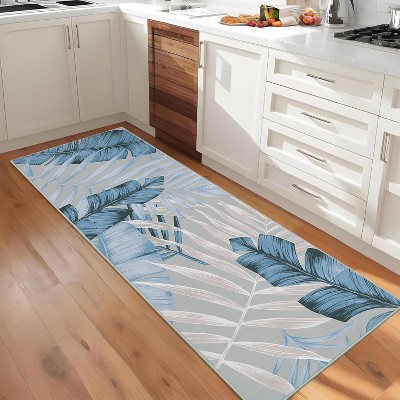 Modern Colorful Leaf Printed Runner Rug, Low Pile Stain-Resistant Carpet with Non-Slip Backing, Floor Cover for Kitchen, Hallway, Entryway