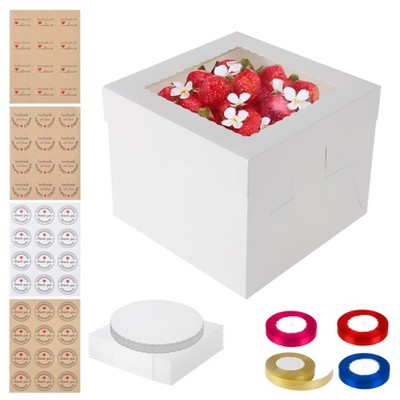 20Pack 10x10x8 Inch Cake Boxes with Windows, 20 Round Cake Boards, 4 Ribbons & 64 Stickers-Complete Baking Packaging Kit for Wedding, Birthday, Party