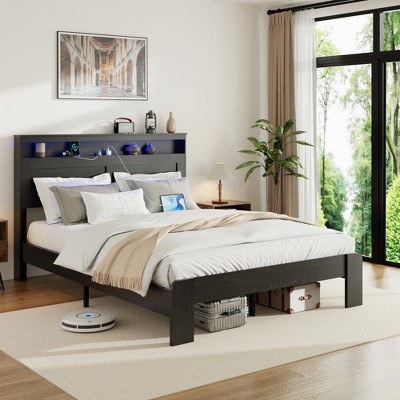 TiramisuBest Queen Size Black Metal & Wood Bed Frame, Storage LED Headboard, 2 USB, No Box Spring, Easy Assembly, Under Bed Storage