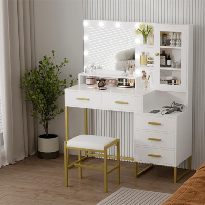 Makeup Vanity with Mirror, Lights, Charging Station, 5 Drawers, Shelves, Upholstered Stool, Vanity Table Set for Bedroom