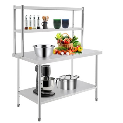 Stainless Steel Table with Overshelves, NSF Work Table Shelf & Hook, Metal Table Prep Table for Home Kitchen Restaurant Garage Warehouse