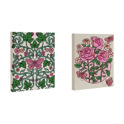 Deny Designs (Set of 2) 8"x10" Kira Butterflies and Roses Canvas Wall Arts: Modern Style, Offset Print, Sawtooth Back Mount