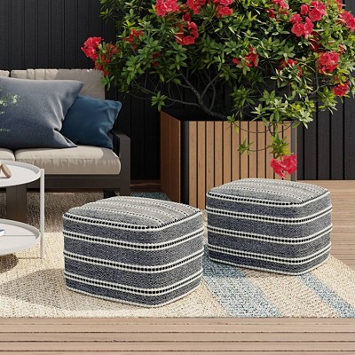 Anika Square Woven PET Polyester Pouf Navy/White - WyndenHall: Indoor/Outdoor, UV Resistant, No Assembly Required